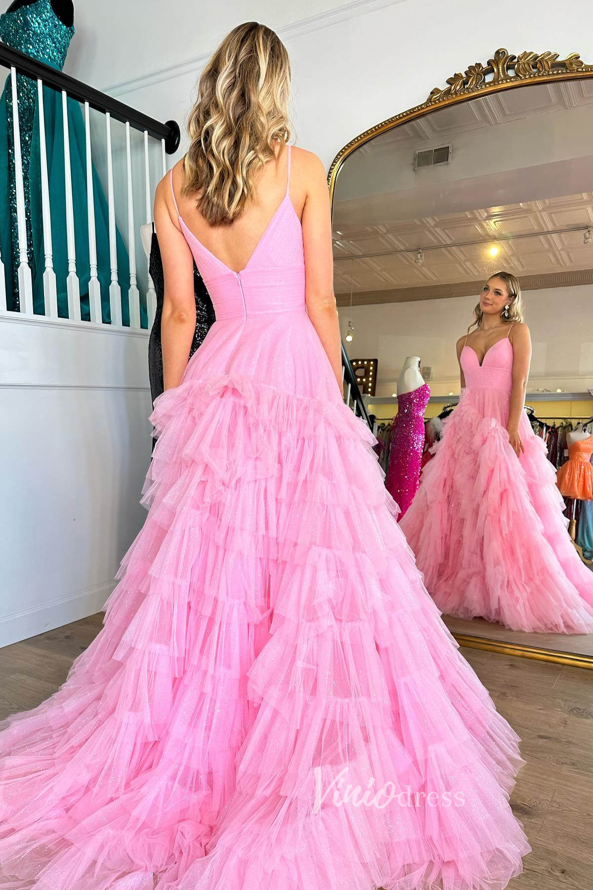 Bright Pink Ruffle Prom Dresses Tiered Ball Gown with Slit FD3509 - Viniodressprom dressesPinkCustom Size - Formal Dresses - Ball Gowns