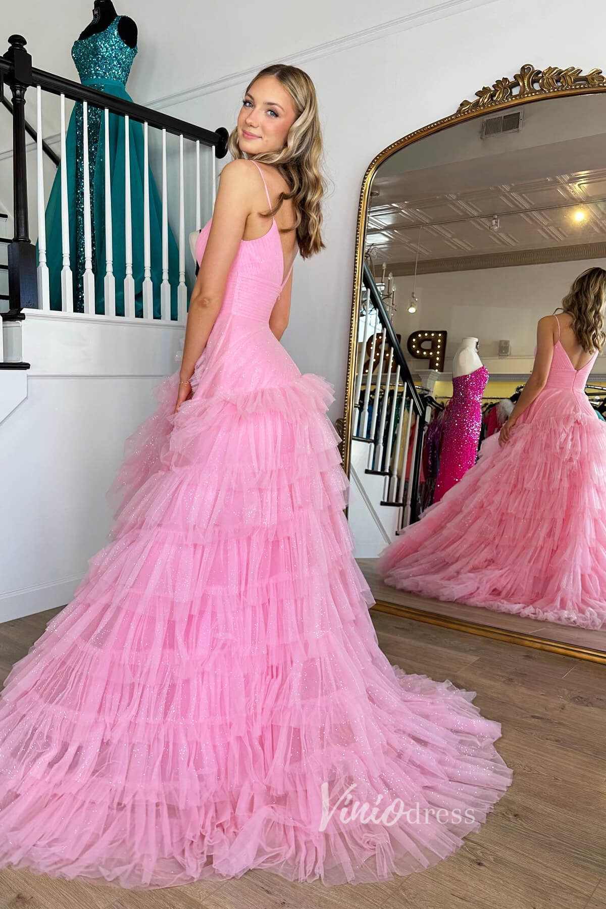 Bright Pink Ruffle Prom Dresses Tiered Ball Gown with Slit FD3509 - Viniodressprom dressesPinkCustom Size - Formal Dresses - Ball Gowns