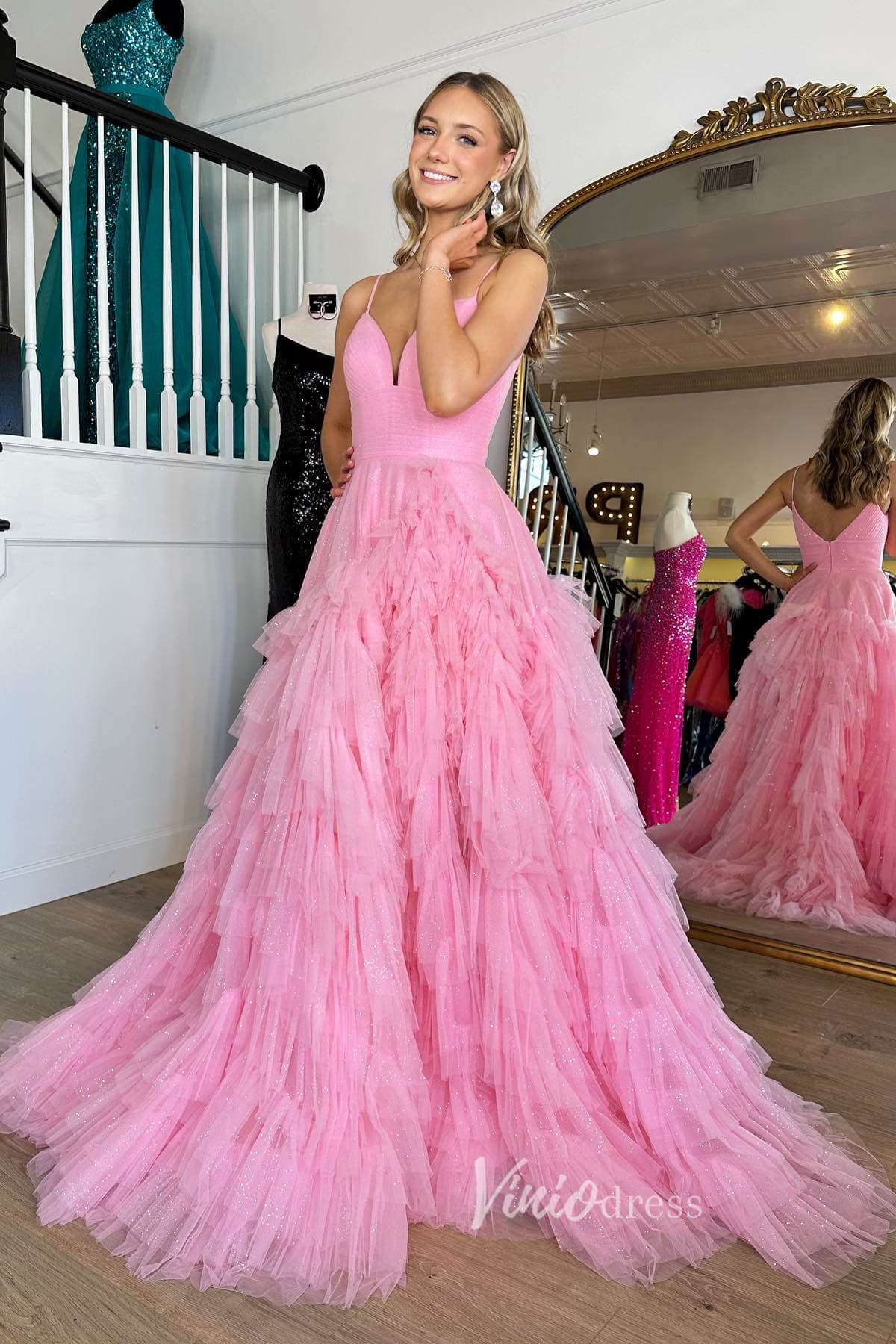 Bright Pink Ruffle Prom Dresses Tiered Ball Gown with Slit FD3509 - Viniodressprom dressesPinkCustom Size - Formal Dresses - Ball Gowns