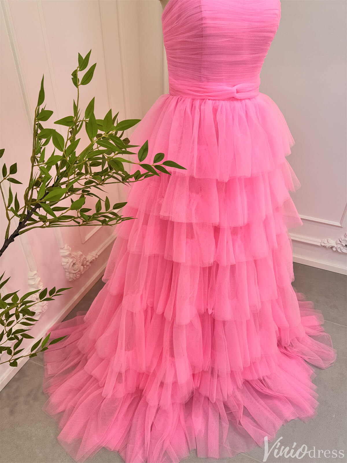 Prom Dress 2025 Bright Pink Tiered Tulle Prom Dresses Strapless Ruffle Ball Gowns 80007-unique prom dresses-Pink-Custom Size-Viniodress