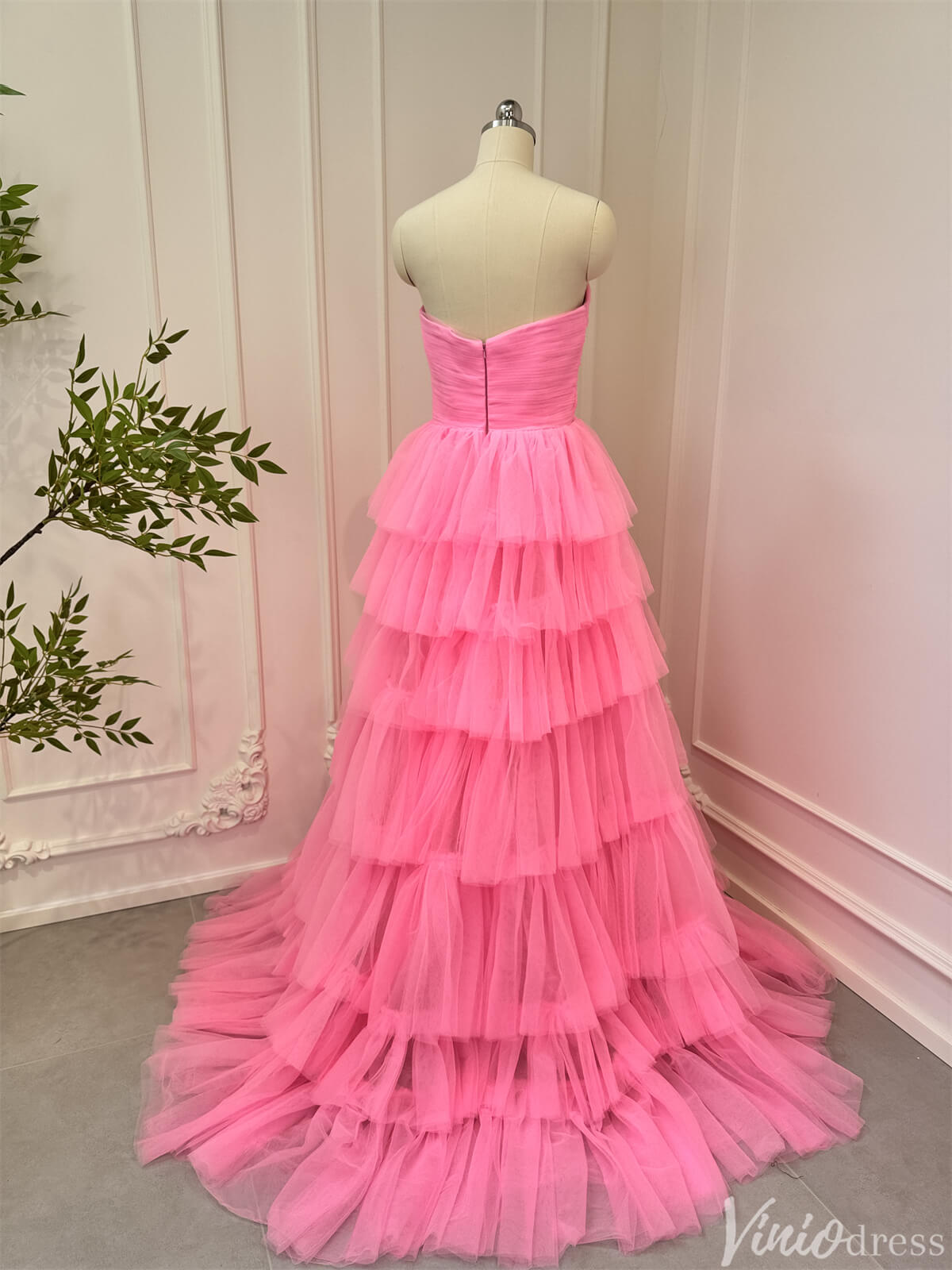 Prom Dress 2025 Bright Pink Tiered Tulle Prom Dresses Strapless Ruffle Ball Gowns 80007-unique prom dresses-Pink-Custom Size-Viniodress