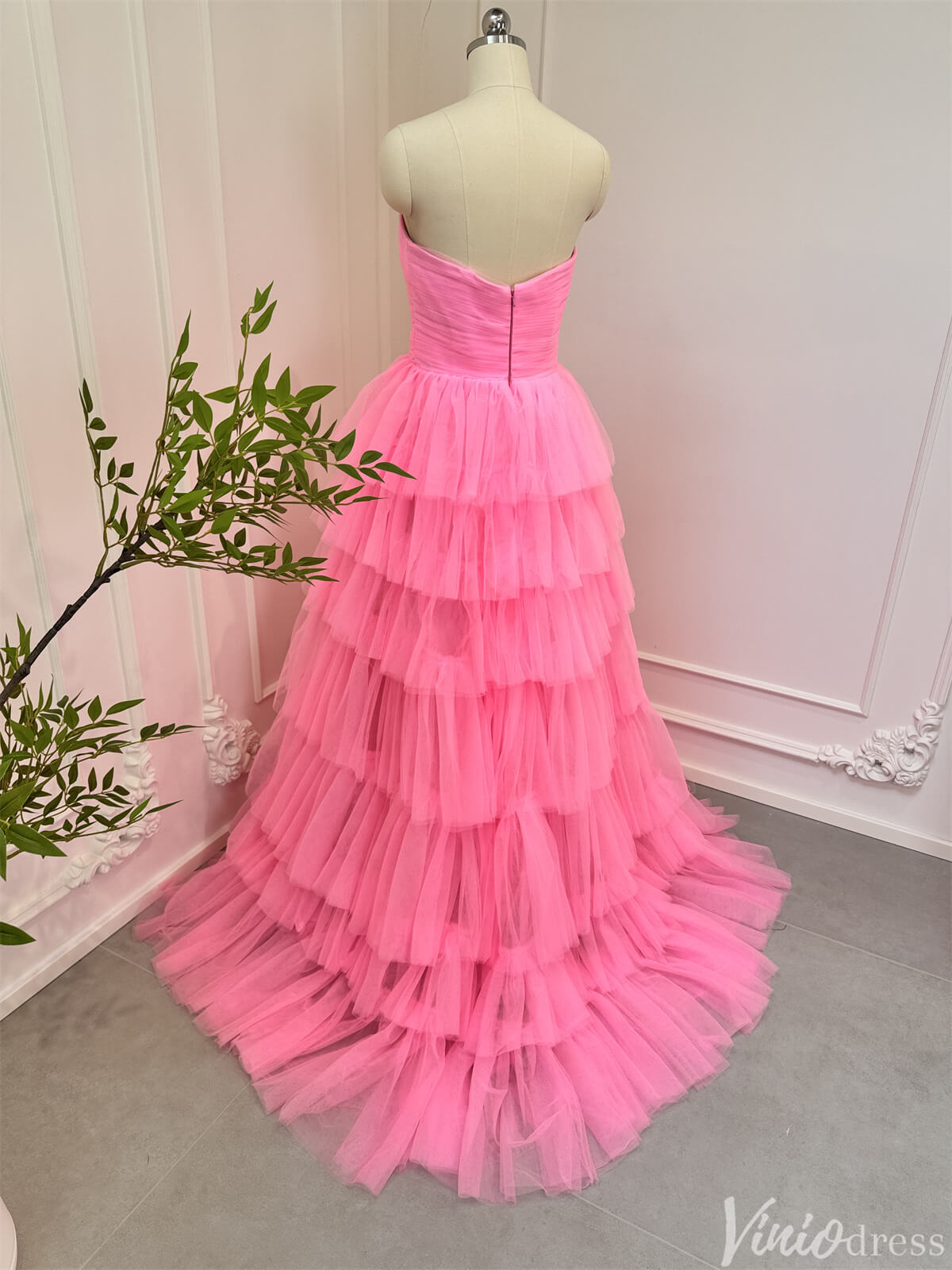 Prom Dress 2025 Bright Pink Tiered Tulle Prom Dresses Strapless Ruffle Ball Gowns 80007-unique prom dresses-Pink-Custom Size-Viniodress