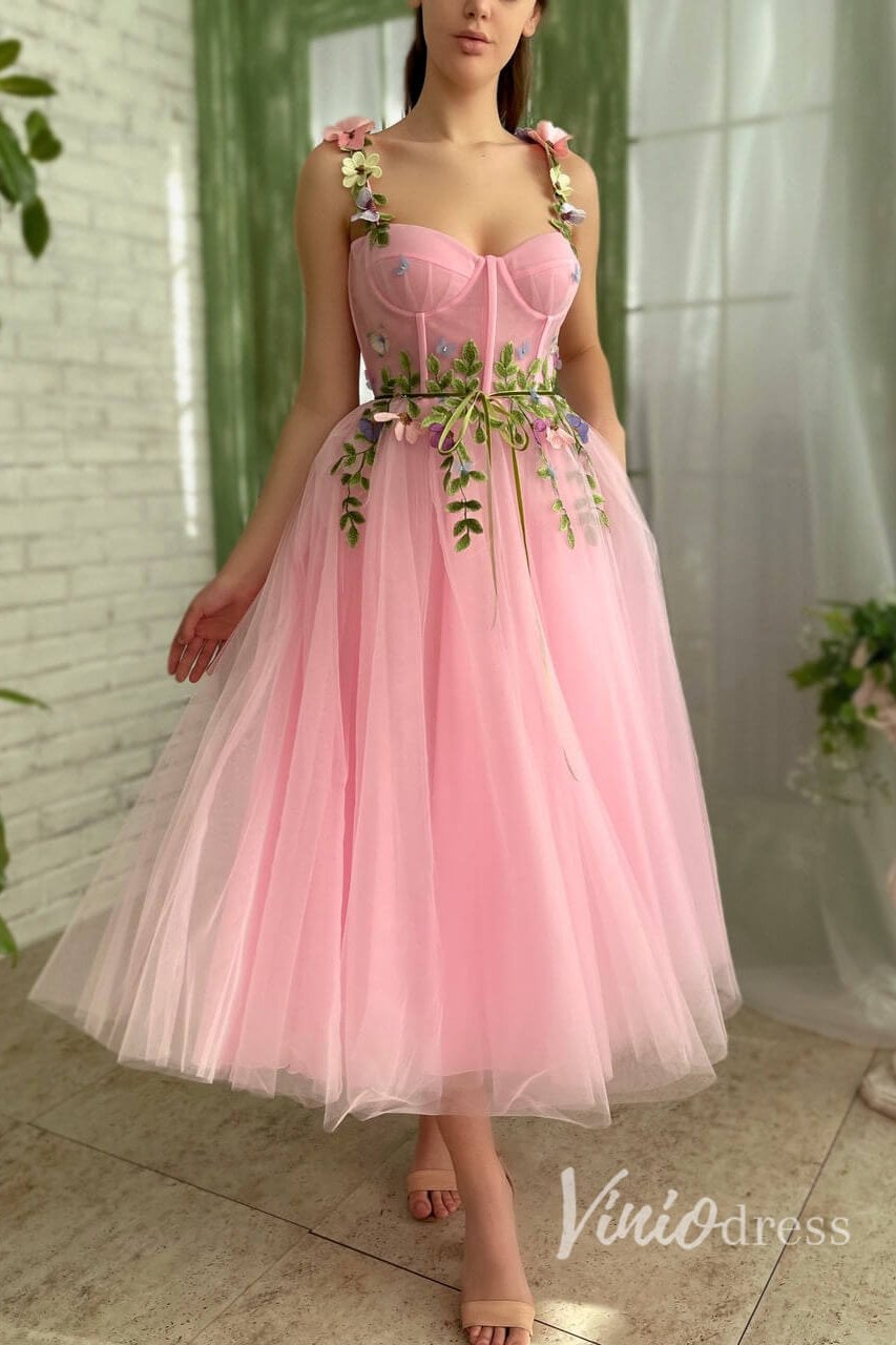 Short Prom Dresses 2025 Bright Pink Tulle Prom Dress with Pockets Green Leaves Maxi Dress SD1439-prom dresses-Viniodress-Pink-Custom Size-Viniodress