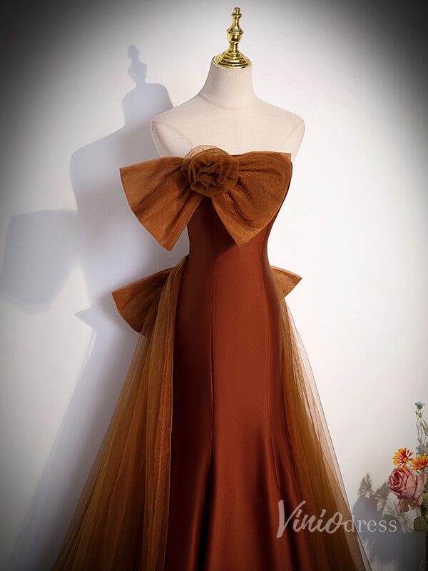 Prom Dress 2025 Brown Rosette Bow Satin Mermaid Prom Dresses with Tulle Removable Train 90016-unique prom dresses-Brown-Custom Size-Viniodress