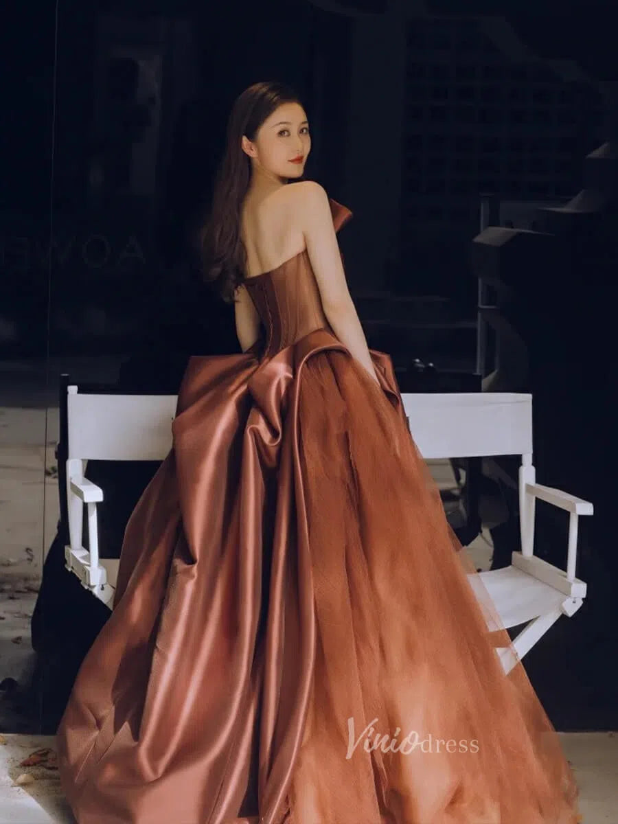 Prom Dress 2025 Brown Satin Prom Dresses, Strapless Pleated Tulle Ball Gown Corset Back FD3231-unique prom dresses-Brown-Custom Size-Viniodress