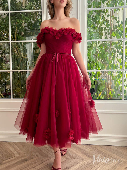 Burgundy 3D Flower Prom Dresses with Pockets Off the Shoulder Maxi Dress TO024 - Viniodressprom dressesBurgundyCustom Size - Formal Dresses - Ball Gowns