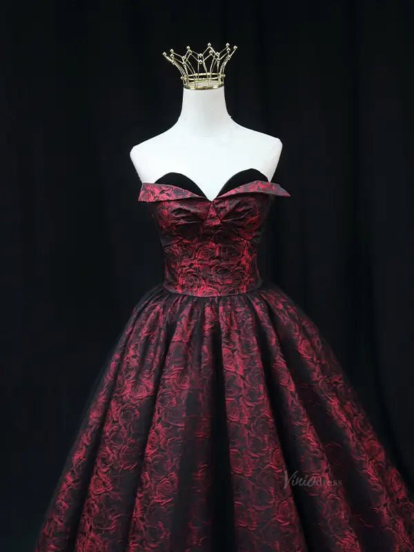 Burgundy Jacquard Prom Dresses Floral Sweethaert Quinceanera Dresses SU077 - Viniodressprom dressesBurgundyCustom Size - Formal Dresses - Ball Gowns