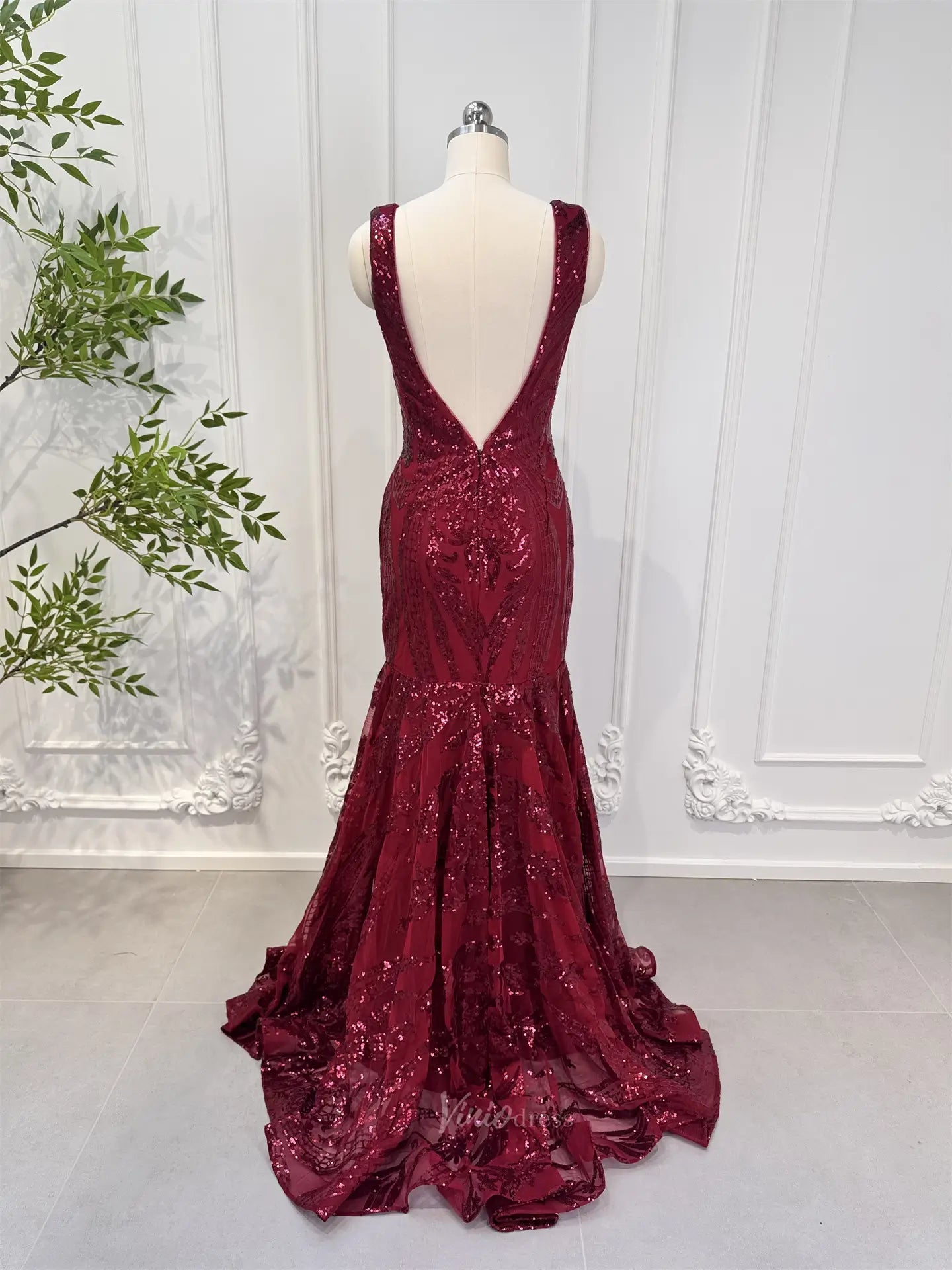 Prom Dresses 2025-to impress Burgundy Mermaid Prom Dresses Sequin Lace, V-neck, Backless CL011-plus size wedding dresses Viniodress-Burgundy-US 2-