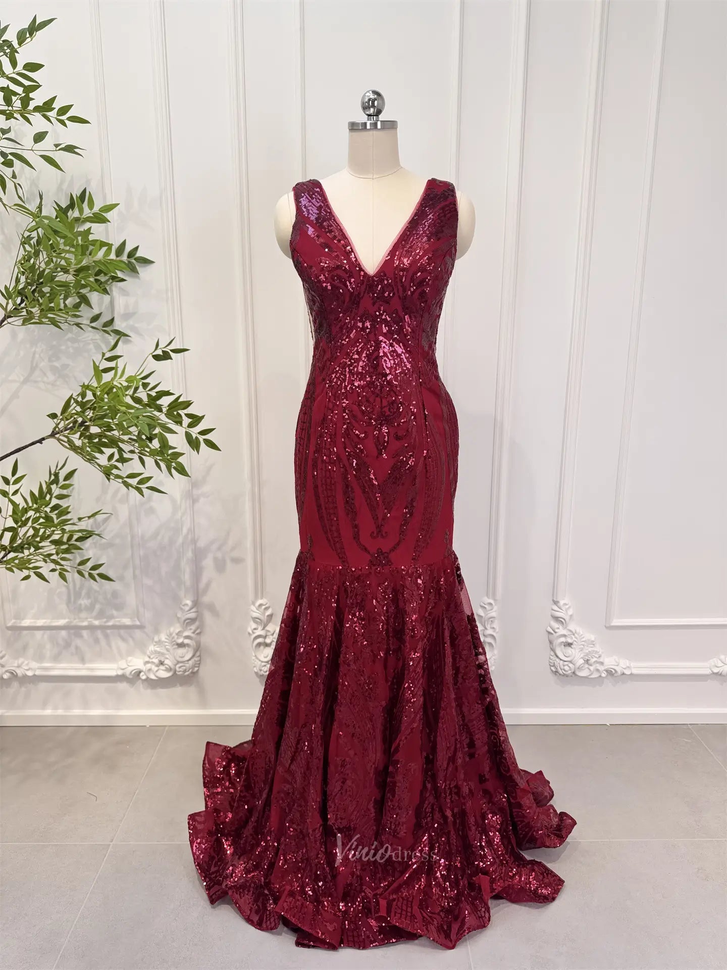 Prom Dresses 2025-to impress Burgundy Mermaid Prom Dresses Sequin Lace, V-neck, Backless CL011-plus size wedding dresses Viniodress-Burgundy-US 2-