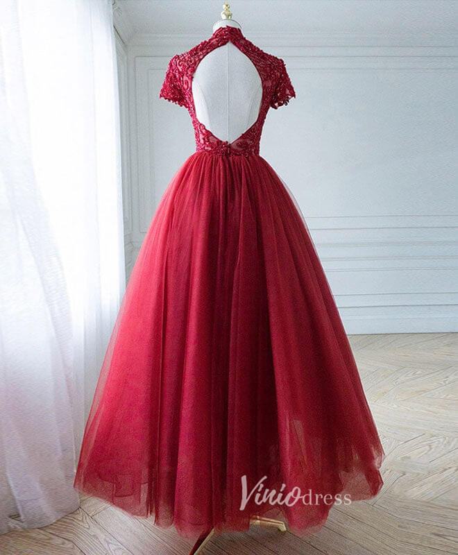 Prom Dress 2025 Burgundy Mid-Length Lace Applique Prom Dresses High Neck Short Formal Dress FD3154-unique prom dresses-Burgundy-Custom Size-Viniodress