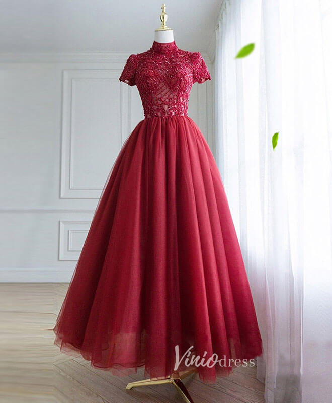 Prom Dress 2025 Burgundy Mid-Length Lace Applique Prom Dresses High Neck Short Formal Dress FD3154-unique prom dresses-Burgundy-Custom Size-Viniodress