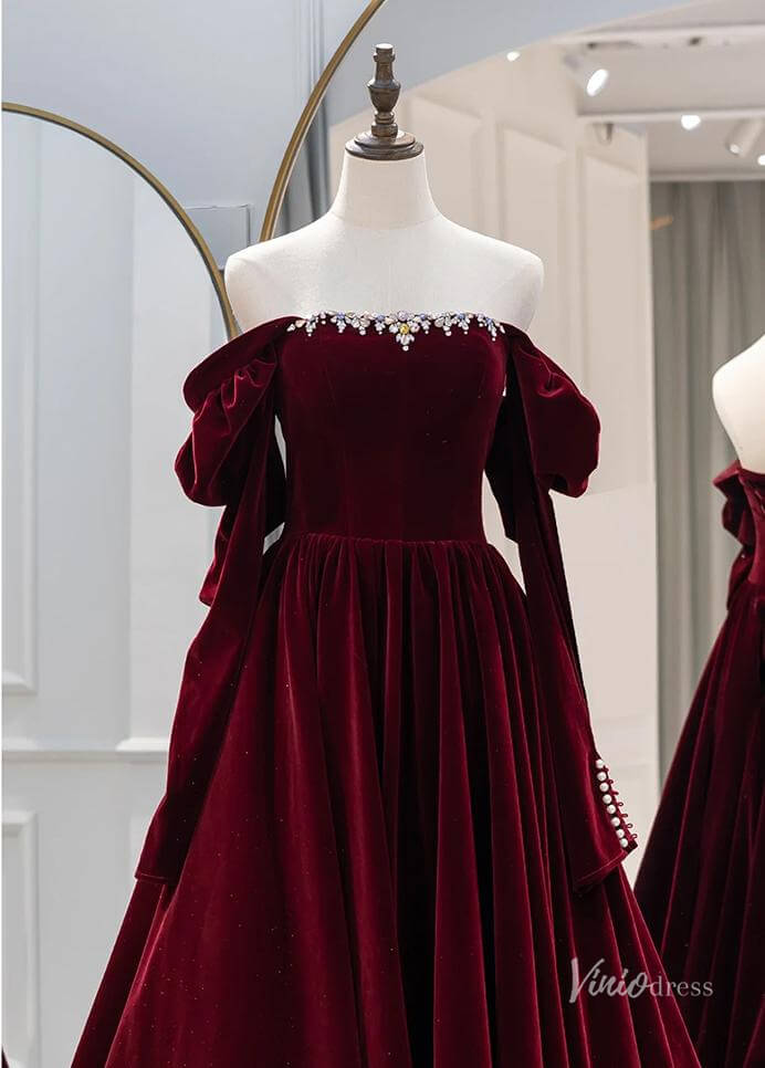 Burgundy Off the Shouler Velvet Prom Ball Gown Removable Long Sleeve Formal Dresses BG082 - Viniodressprom dressesBurgundyCustom Size - Formal Dresses - Ball Gowns