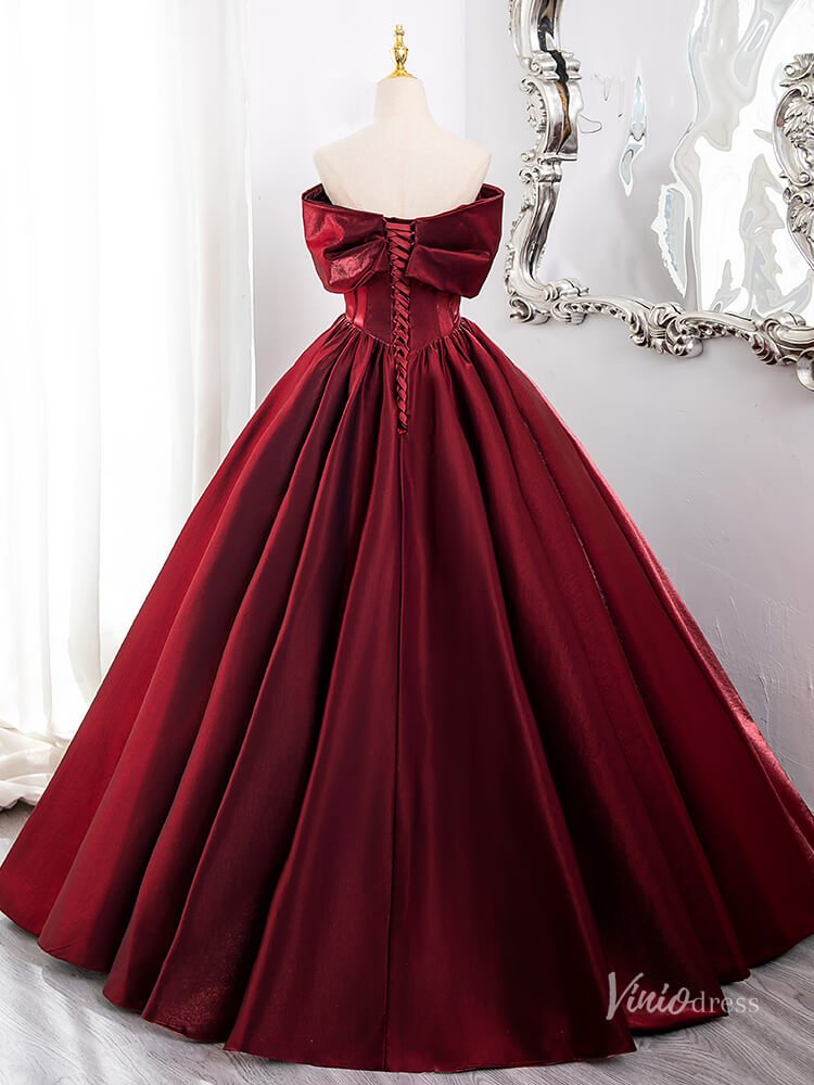 Burgundy Satin Minimalist Prom Ball Gown Off the Shoulder Crossed Quinceanera Dresses BG012 - Viniodressprom dressesBurgundyCustom Size - Formal Dresses - Ball Gowns