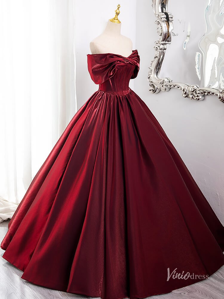 Burgundy Satin Minimalist Prom Ball Gown Off the Shoulder Crossed Quinceanera Dresses BG012 - Viniodressprom dressesBurgundyCustom Size - Formal Dresses - Ball Gowns