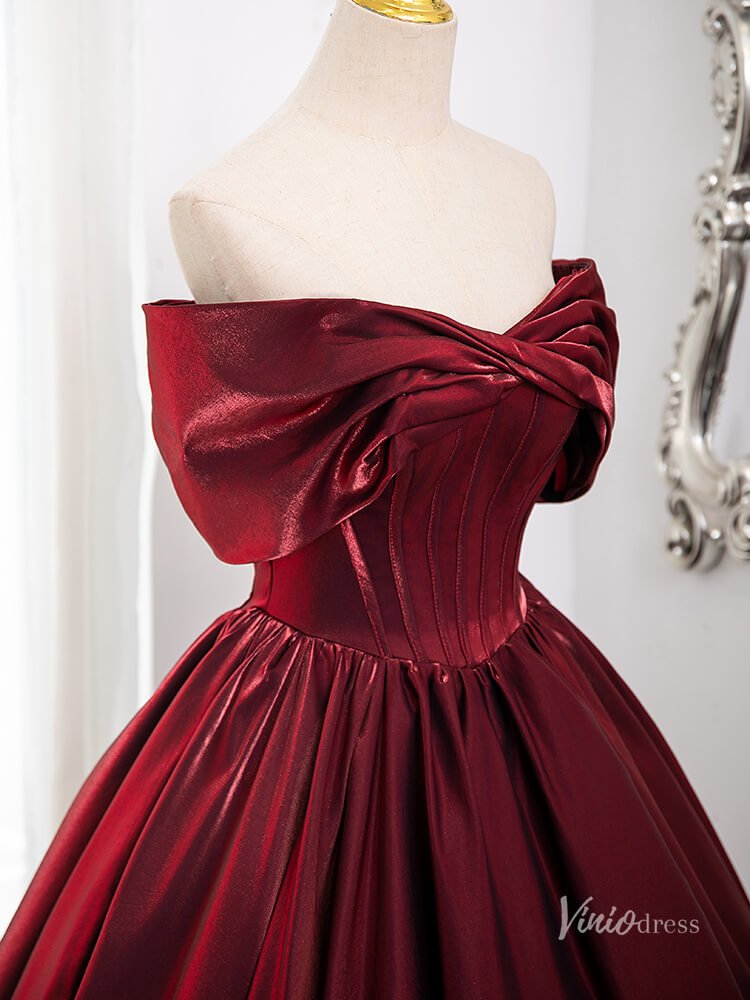 Burgundy Satin Minimalist Prom Ball Gown Off the Shoulder Crossed Quinceanera Dresses BG012 - Viniodressprom dressesBurgundyCustom Size - Formal Dresses - Ball Gowns