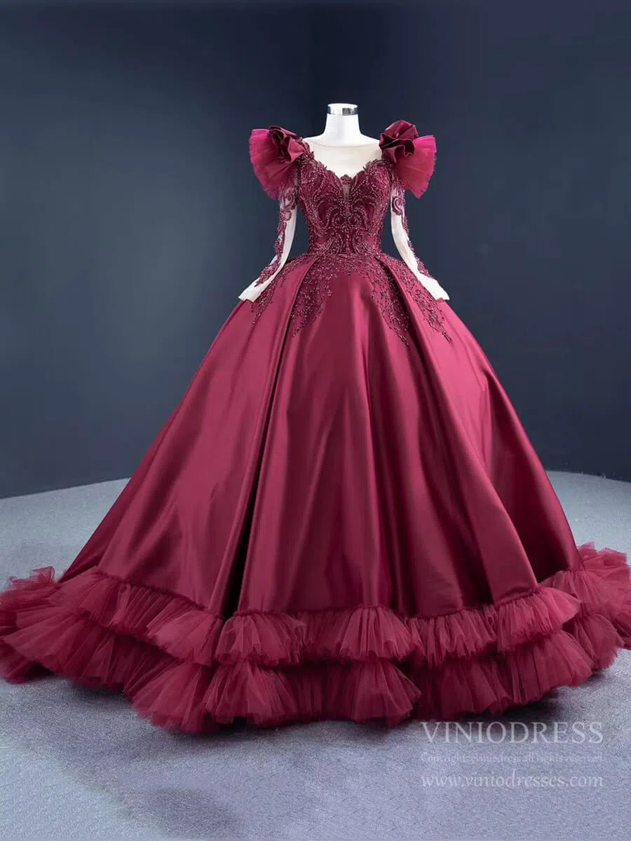 prom dresses 2025 Burgundy Satin Princess Ball Gown Prom Dresses Ruffled Hem 67245 viniodress-plus size wedding dresses Viniodress-As Picture-Custom Size-