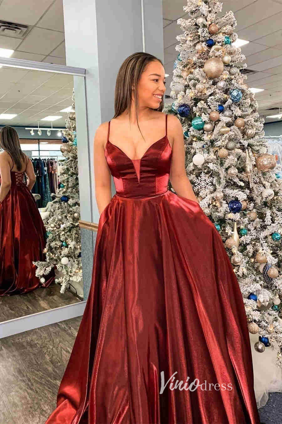 Prom Dress 2025 Burgundy Satin Prom Dresses Spaghetti Strap Formal Gown FD3282-unique prom dresses-Burgundy-Custom Size-Viniodress