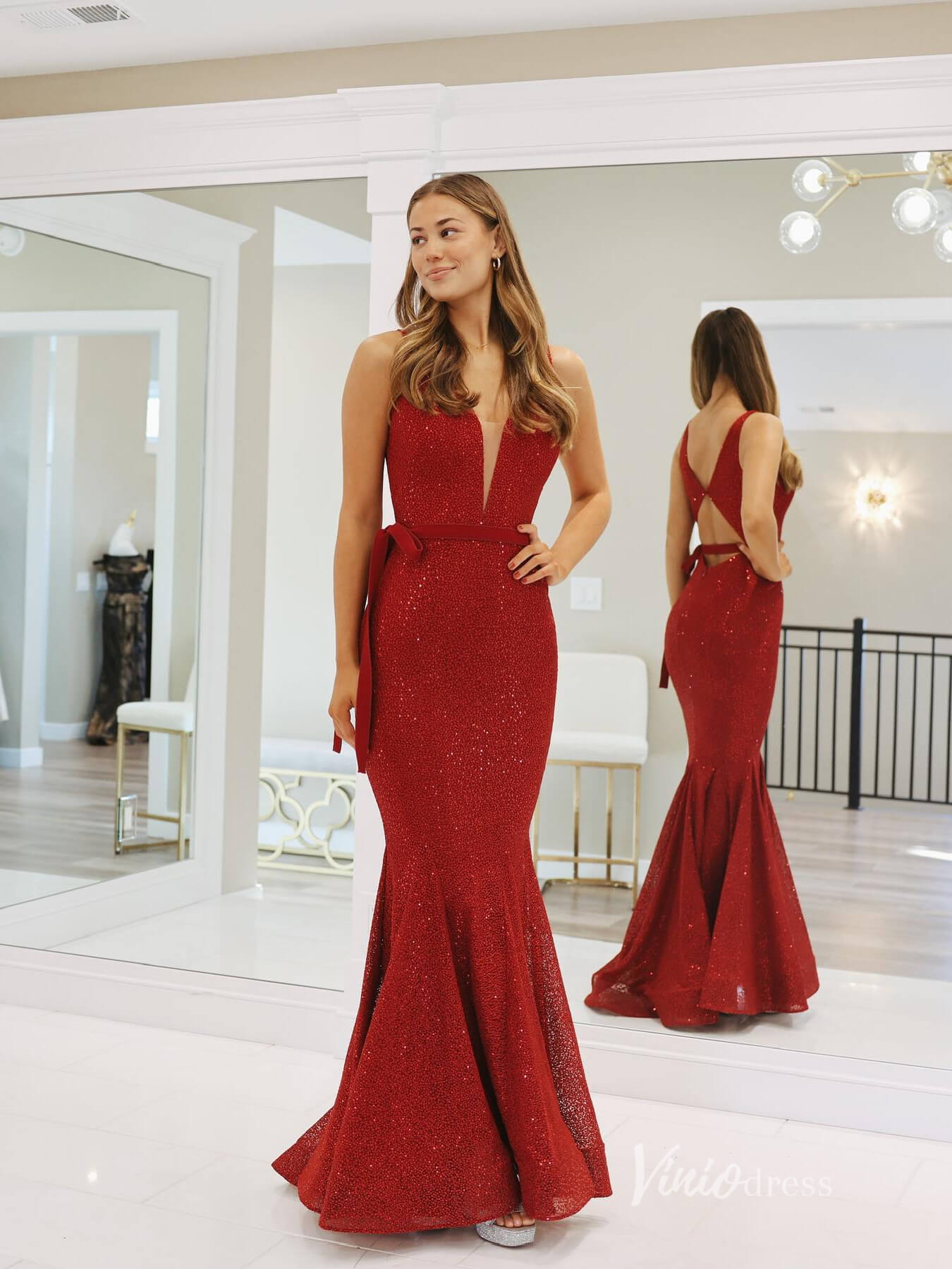 Burgundy Sequin Lace Mermaid Prom Dresses Plunging V - Neck Evening Dress FD3674 - Viniodressprom dressesBurgundyCustom Size - Formal Dresses - Ball Gowns