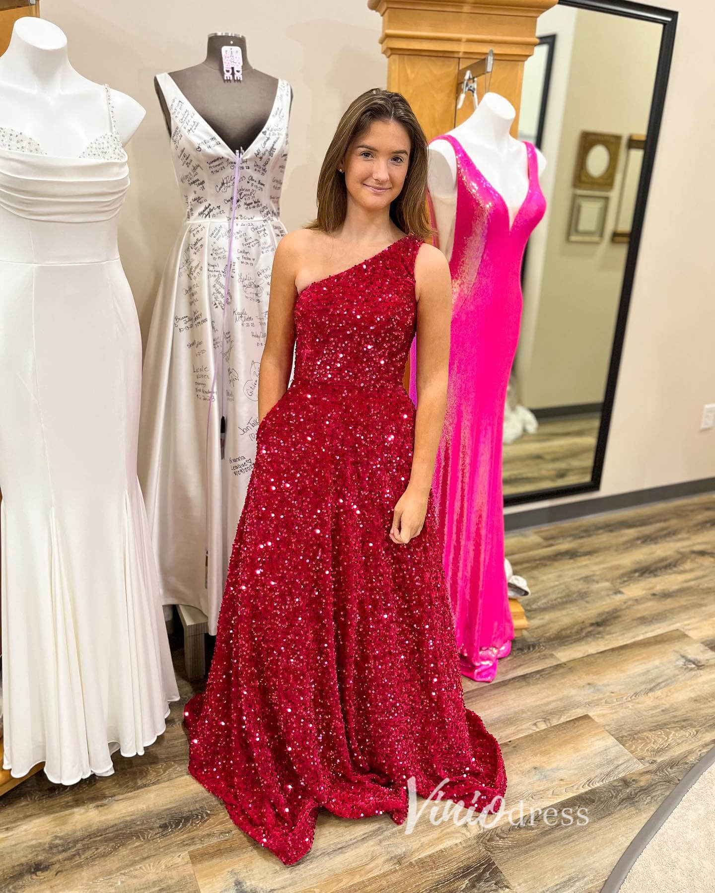 Prom Dress 2025 Burgundy Sequin Prom Dresses with Pockets One Shoulder Formal Gown FD3293-unique prom dresses-Burgundy-Custom Size-Viniodress