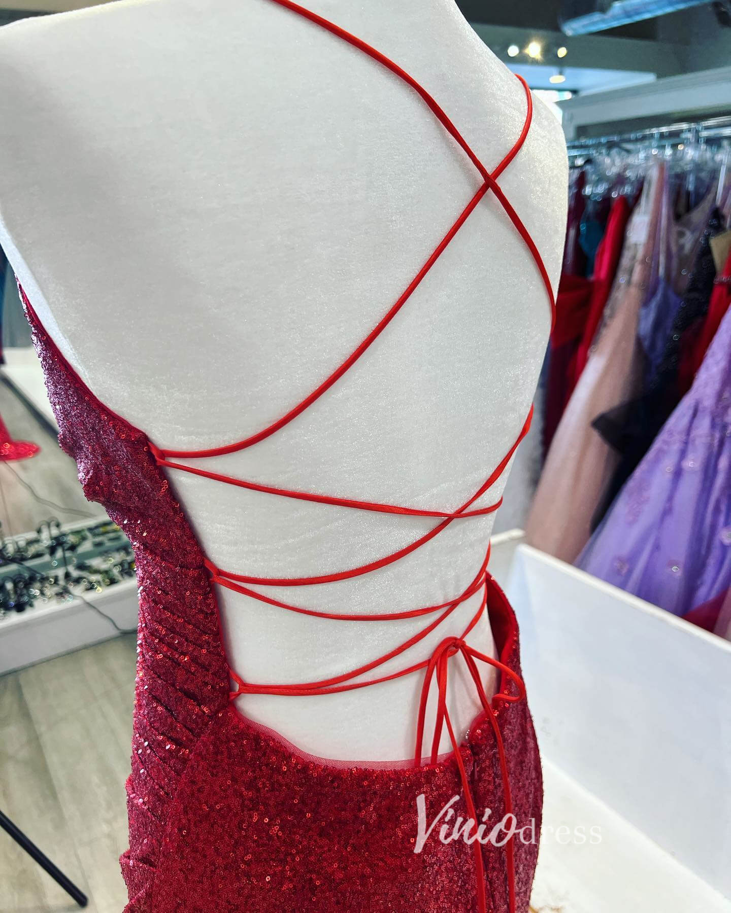 Prom Dress 2025 Burgundy Sequin Prom Dresses with Slit Mermaid Spaghetti Strap Evening Dress FD3292-unique prom dresses-Burgundy-Custom Size-Viniodress