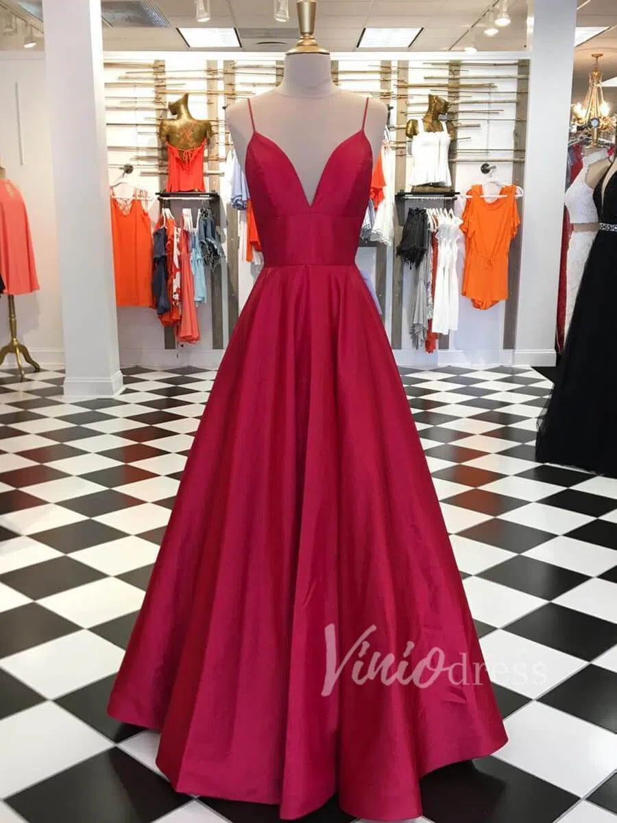 Prom Dress 2025 Burgundy Spaghetti Strap Long Prom Dresses with Pockets FD1596-unique prom dresses-Rose Red-Custom Size-Viniodress