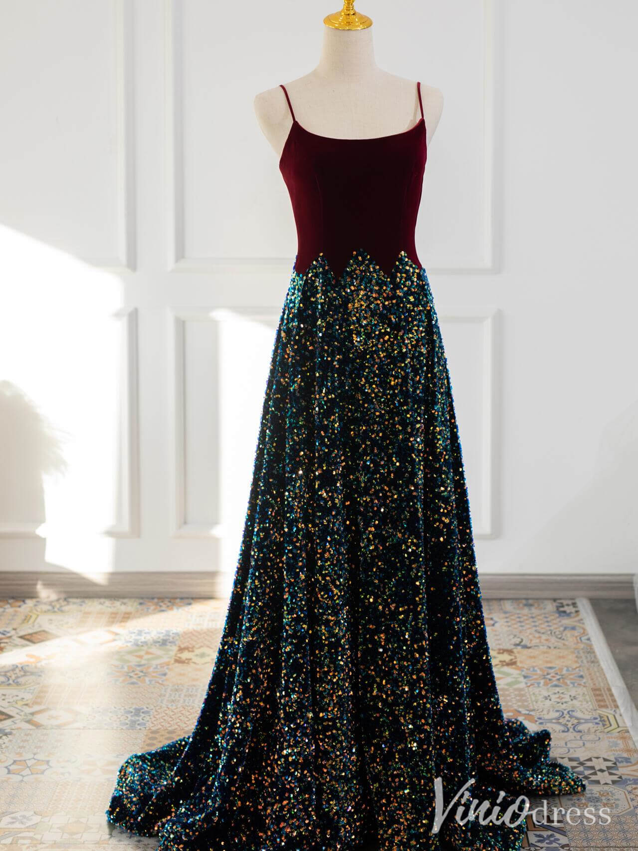 Prom Dress 2025 Burgundy Spaghetti Strap Sequin Prom Dresses Velvet V-Line Evening Dress AD1321-unique prom dresses-Burgundy-Custom Size-Viniodress