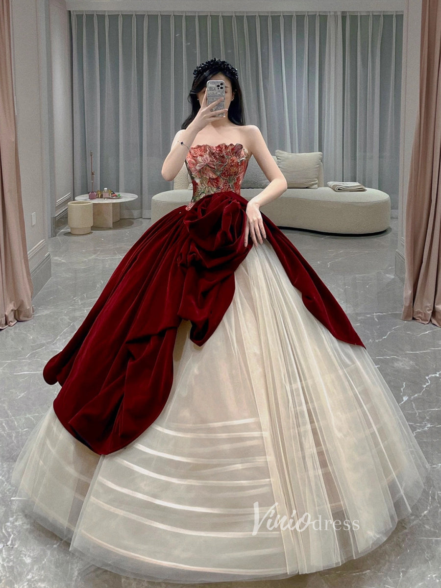 Prom Dress 2025 Burgundy Strapless Ball Gown Prom Dresses Rosette Sweet 16 Dress FD3219-unique prom dresses-Burgundy-Custom Size-Viniodress