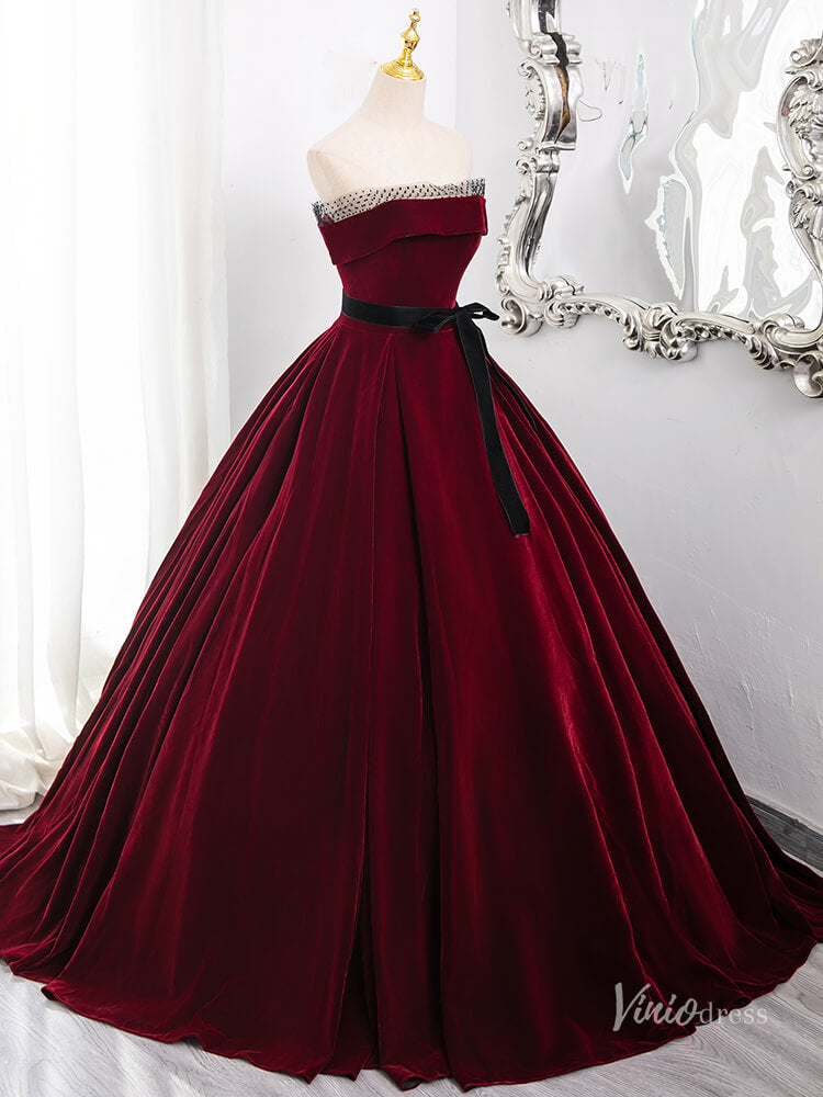 Prom Dress 2025 Burgundy Strapless Minimalist Prom Ball Gown Velvet Belt Quinceanera Dresses BG013-unique prom dresses-Burgundy-Custom Size-Viniodress