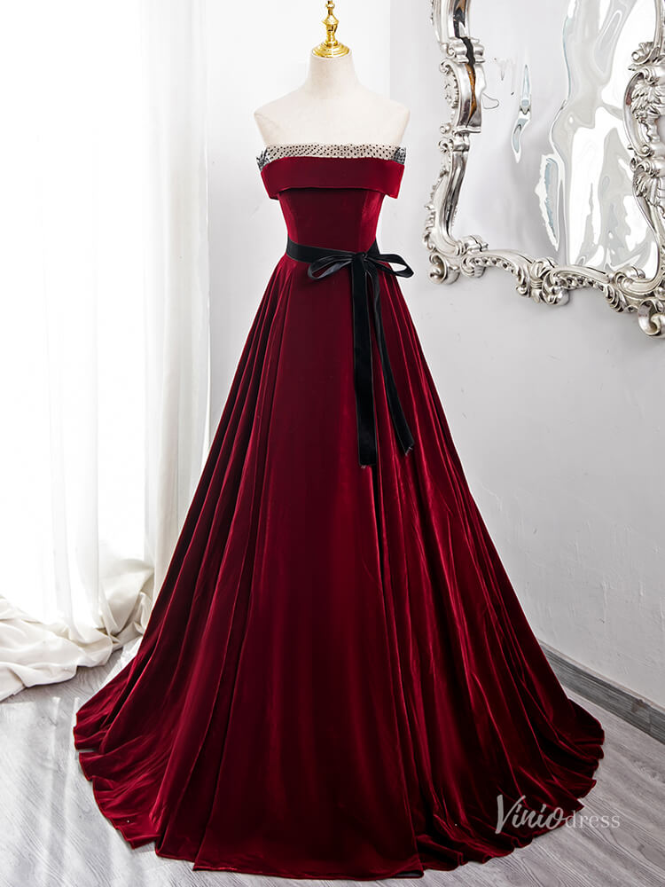 Prom Dress 2025 Burgundy Strapless Minimalist Prom Ball Gown Velvet Belt Quinceanera Dresses BG013-unique prom dresses-Burgundy-Custom Size-Viniodress