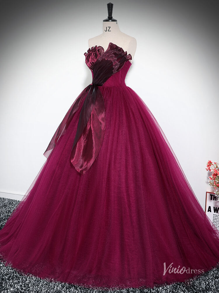 Prom Dress 2025 Burgundy Strapless Ruffled Prom Ball Gown Tulle Quinceanera Dresses BG033-unique prom dresses-Burgundy-Custom Size-Viniodress