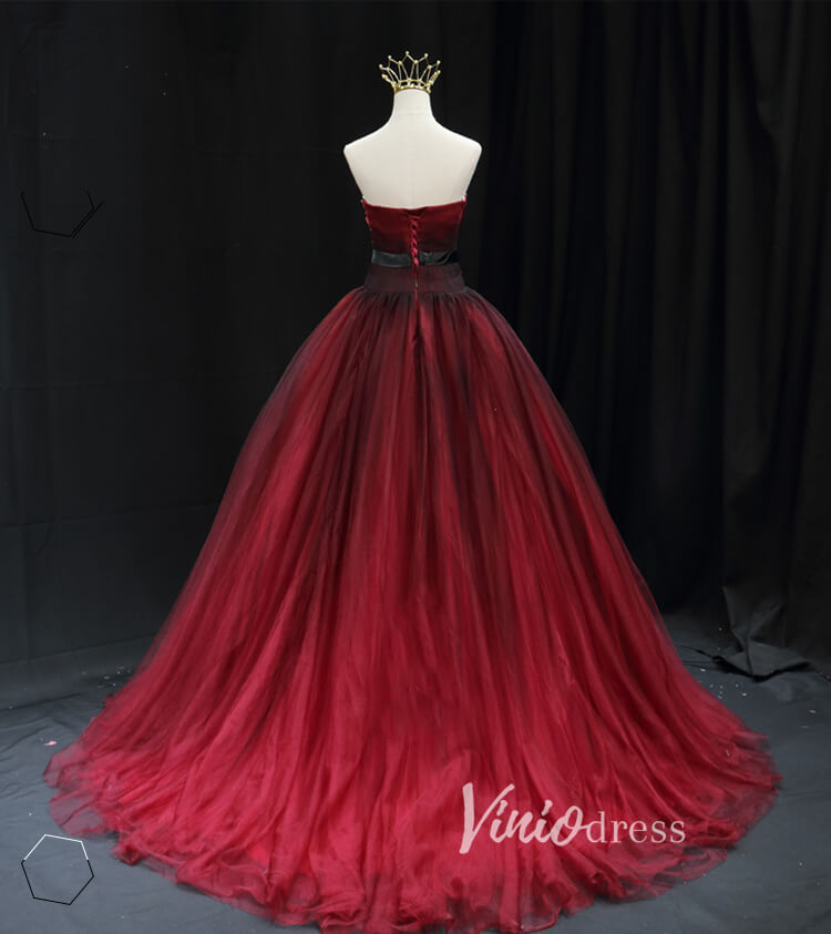 Prom Dress 2025 Burgundy Tulle Prom Dresses Strapless Evening Gown FD3454-unique prom dresses-Burgundy-Custom Size-Viniodress