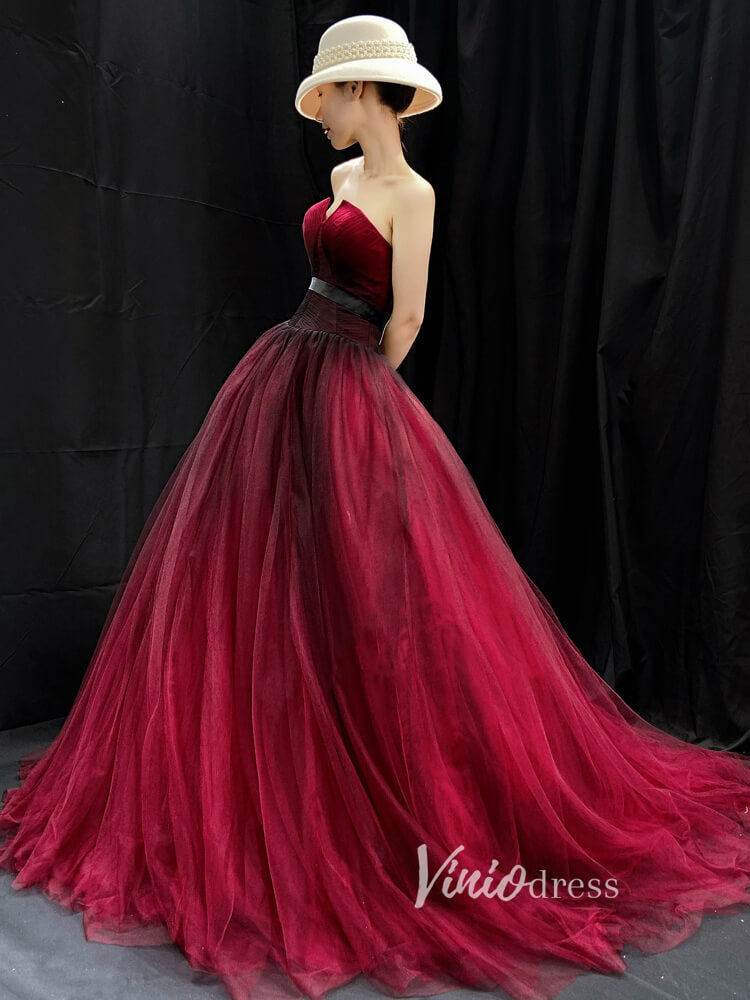 Prom Dress 2025 Burgundy Tulle Prom Dresses Strapless Evening Gown FD3454-unique prom dresses-Burgundy-Custom Size-Viniodress