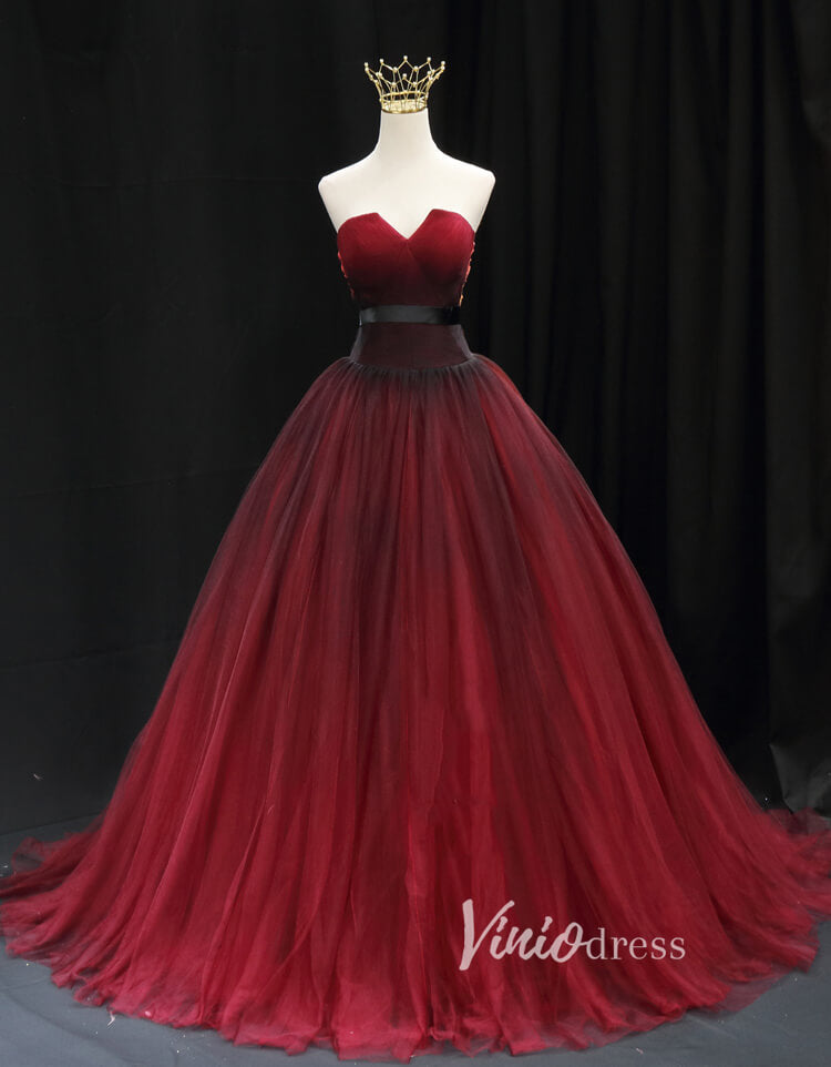 Prom Dress 2025 Burgundy Tulle Prom Dresses Strapless Evening Gown FD3454-unique prom dresses-Burgundy-Custom Size-Viniodress