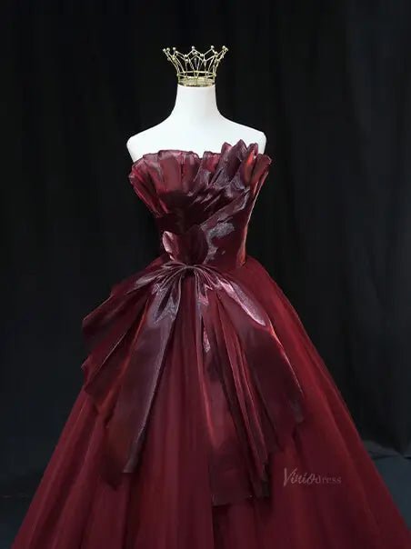 Burgundy Tulle Prom Dresses with Big Bow, Pleated Bodice, Formal Dresses SU068 - Viniodressprom dressesBurgundyCustom Size - Formal Dresses - Ball Gowns