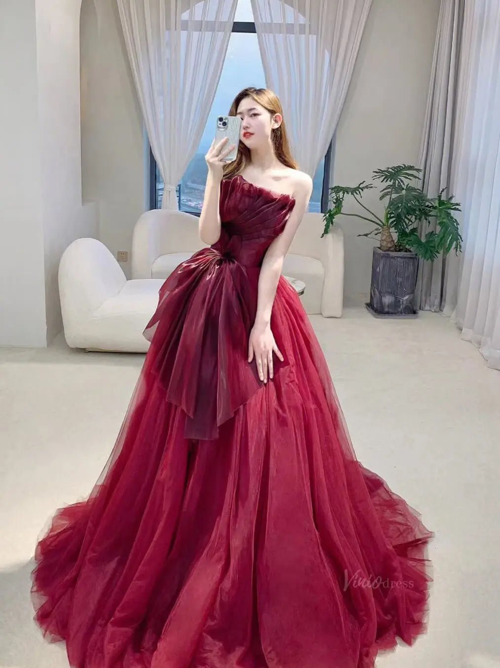 Burgundy Tulle Prom Dresses with Big Bow, Pleated Bodice, Formal Dresses SU068 - Viniodressprom dressesBurgundyCustom Size - Formal Dresses - Ball Gowns