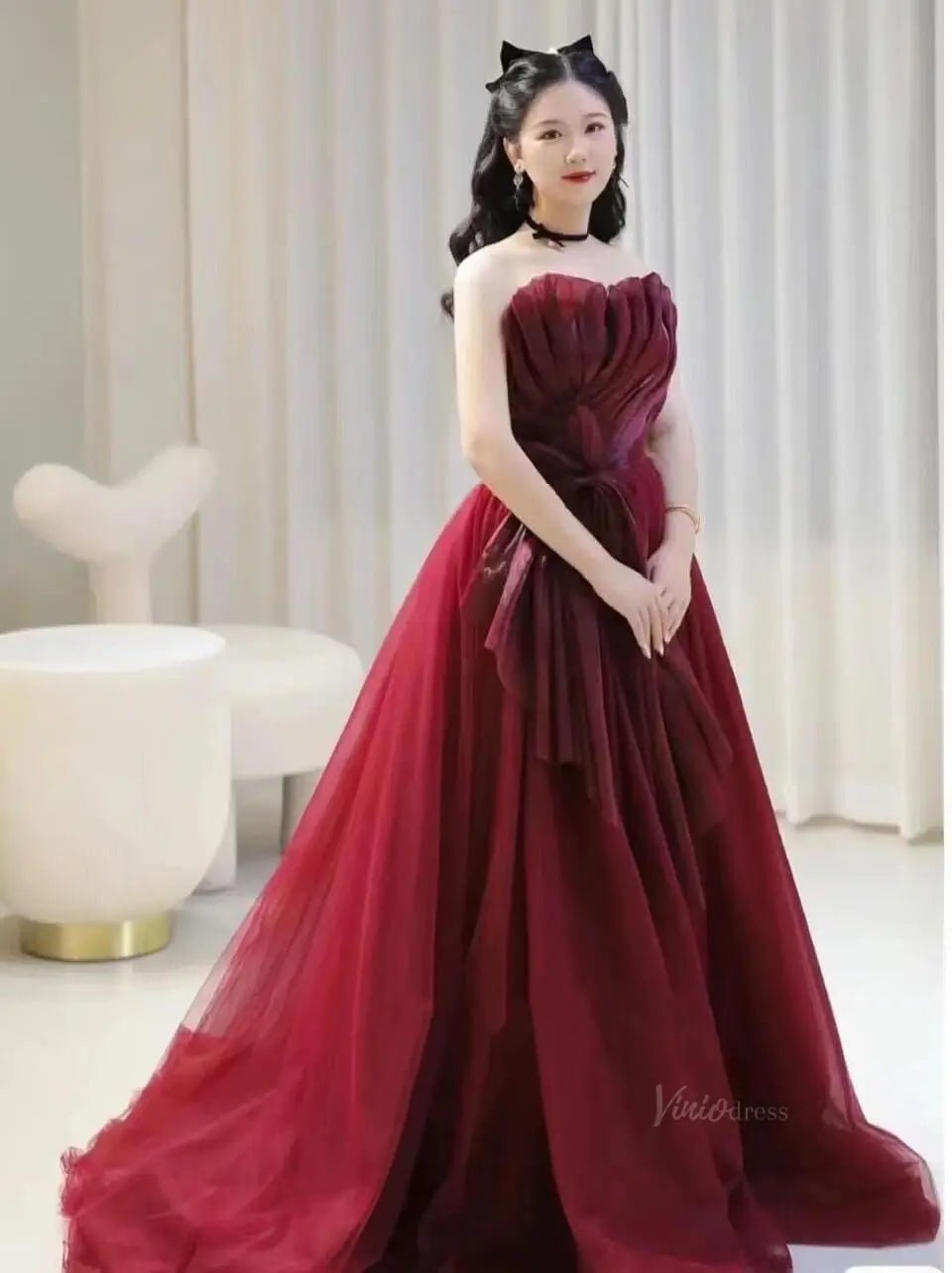 Burgundy Tulle Prom Dresses with Big Bow, Pleated Bodice, Formal Dresses SU068 - Viniodressprom dressesBurgundyCustom Size - Formal Dresses - Ball Gowns