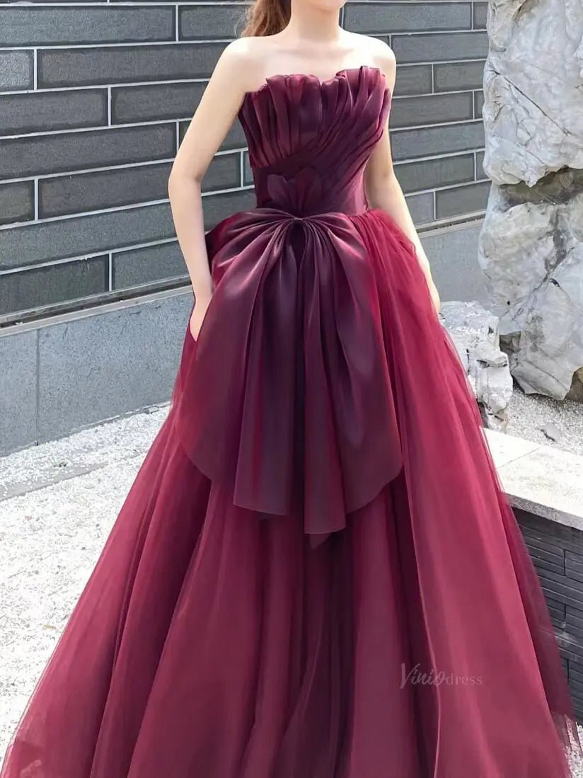 Burgundy Tulle Prom Dresses with Big Bow, Pleated Bodice, Formal Dresses SU068 - Viniodressprom dressesBurgundyCustom Size - Formal Dresses - Ball Gowns