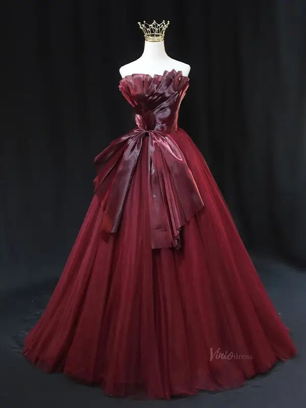 Burgundy Tulle Prom Dresses with Big Bow, Pleated Bodice, Formal Dresses SU068 - Viniodressprom dressesBurgundyCustom Size - Formal Dresses - Ball Gowns