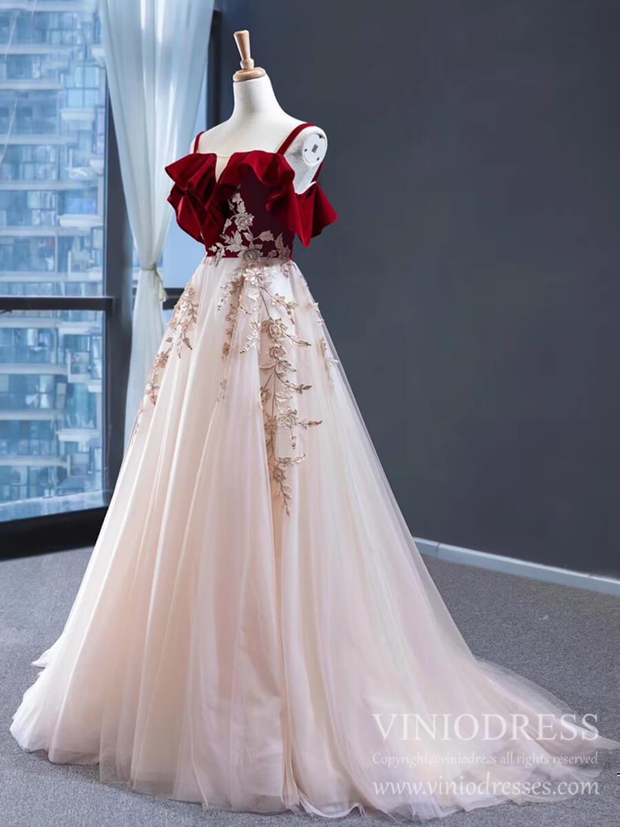 Prom Dress 2025 Burgundy Velvet Long Prom Dresses Champagne Tulle Ball Gown FD1974-unique prom dresses-Champagne-Custom Size-Viniodress