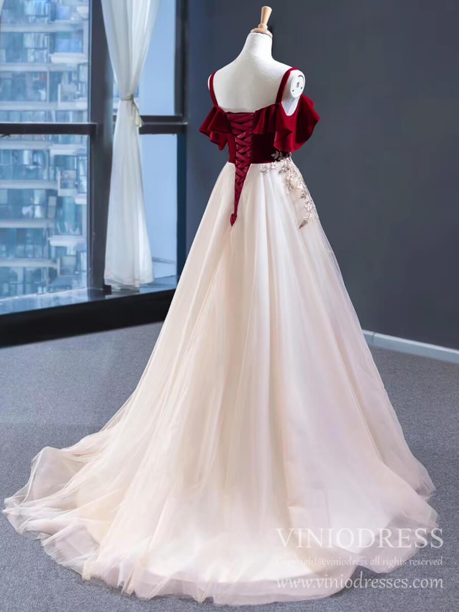 Prom Dress 2025 Burgundy Velvet Long Prom Dresses Champagne Tulle Ball Gown FD1974-unique prom dresses-Champagne-Custom Size-Viniodress