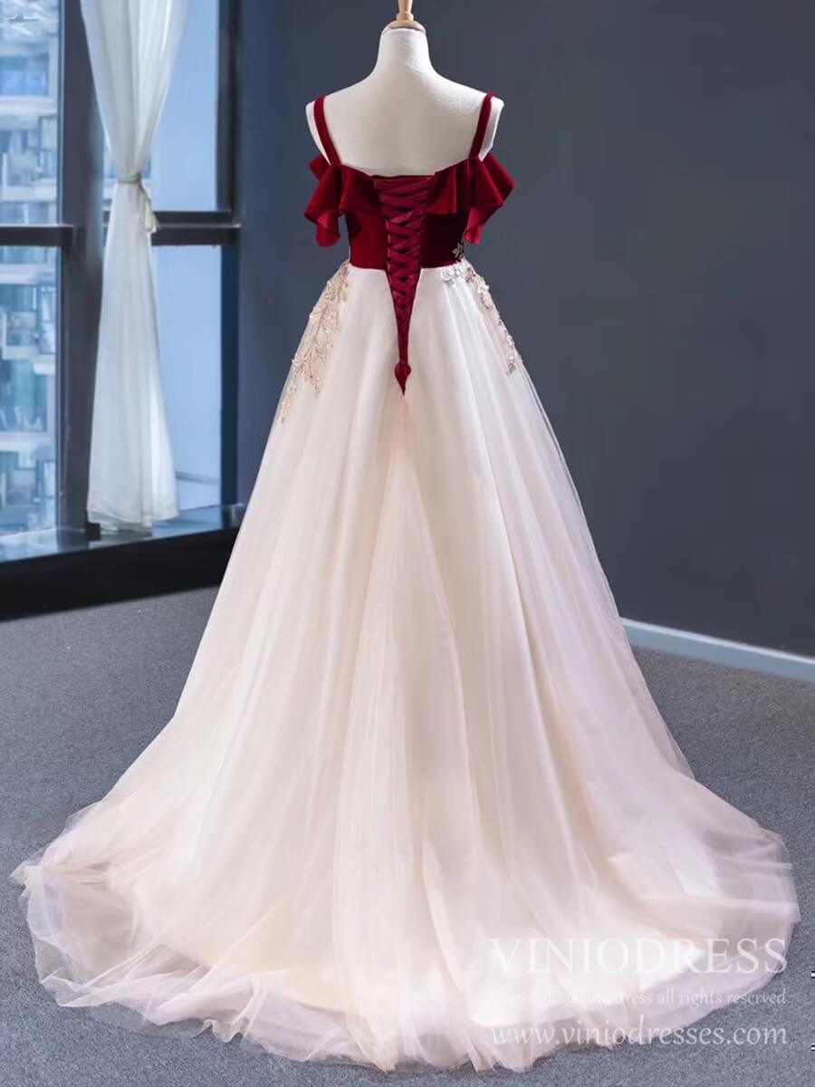 Prom Dress 2025 Burgundy Velvet Long Prom Dresses Champagne Tulle Ball Gown FD1974-unique prom dresses-Champagne-Custom Size-Viniodress