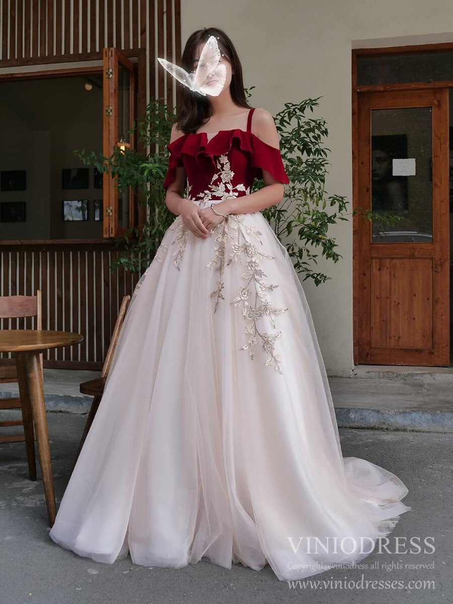 Prom Dress 2025 Burgundy Velvet Long Prom Dresses Champagne Tulle Ball Gown FD1974-unique prom dresses-Champagne-Custom Size-Viniodress