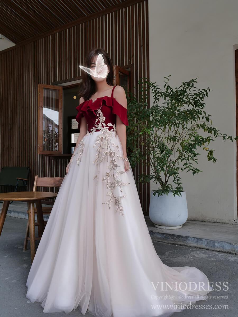 Prom Dress 2025 Burgundy Velvet Long Prom Dresses Champagne Tulle Ball Gown FD1974-unique prom dresses-Champagne-Custom Size-Viniodress