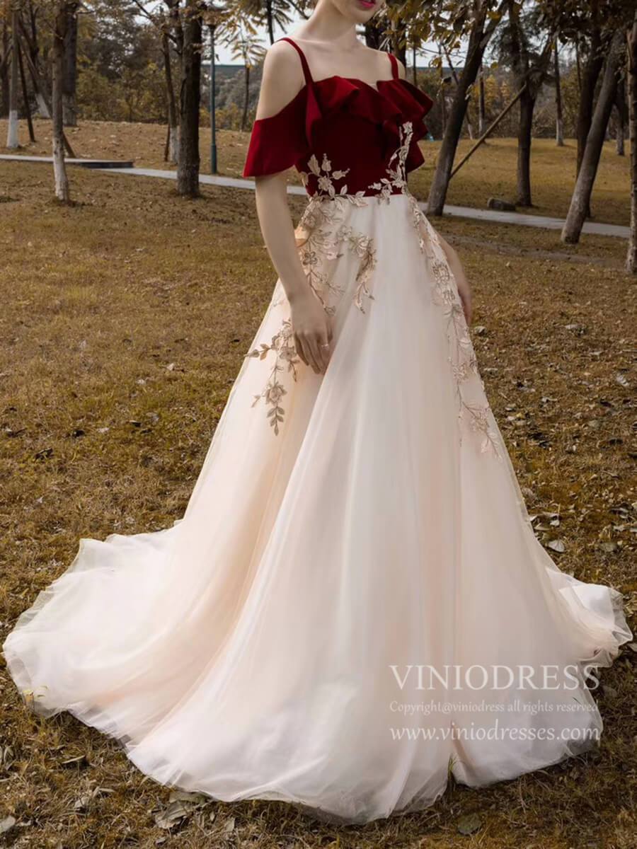 Prom Dress 2025 Burgundy Velvet Long Prom Dresses Champagne Tulle Ball Gown FD1974-unique prom dresses-Champagne-Custom Size-Viniodress