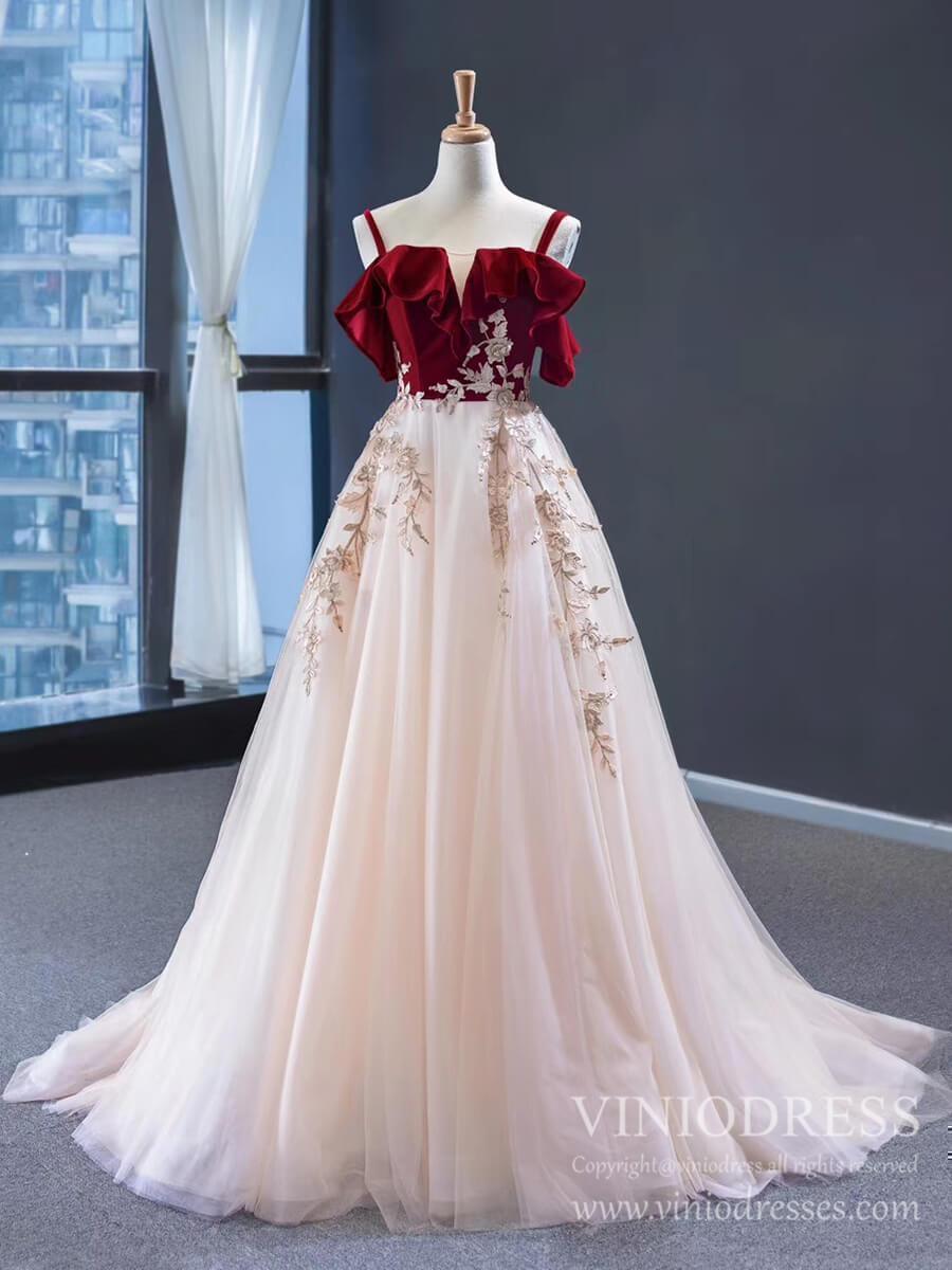 Prom Dress 2025 Burgundy Velvet Long Prom Dresses Champagne Tulle Ball Gown FD1974-unique prom dresses-Champagne-Custom Size-Viniodress