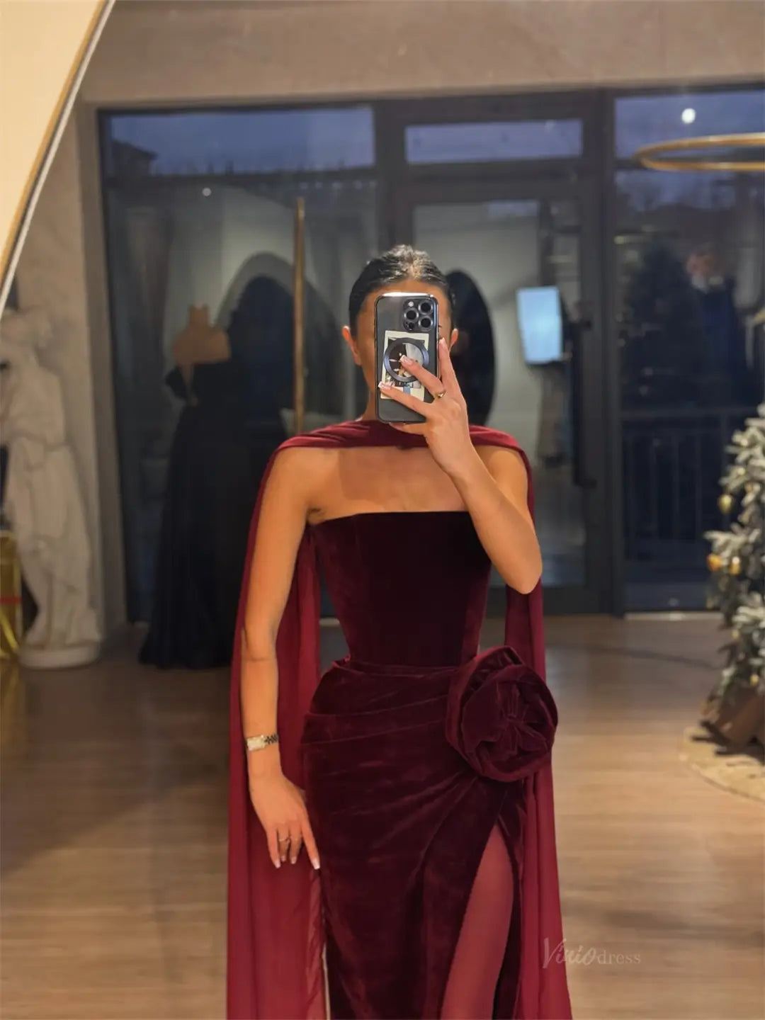 prom dresses 2025-to impress Burgundy Velvet Mermaid Prom Dresses 2025 with Shawl, Slit & 3D Flower – FD5213-plus size wedding dresses Viniodress-Burgundy-Custom Size-