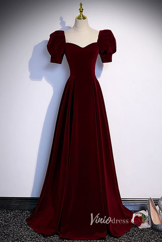 Burgundy Velvet Prom Dresses Puffed Sleeve Formal Dress AD1027 - Viniodressprom dressesBurgundyCustom Size - Formal Dresses - Ball Gowns