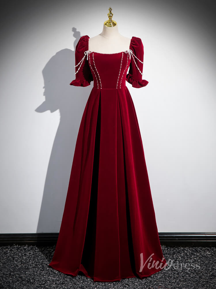 Prom Dress 2025 Burgundy Velvet Puffed Sleeve Prom Dresses Pearl String Square Neck 90036-unique prom dresses-Burgundy-Custom Size-Viniodress