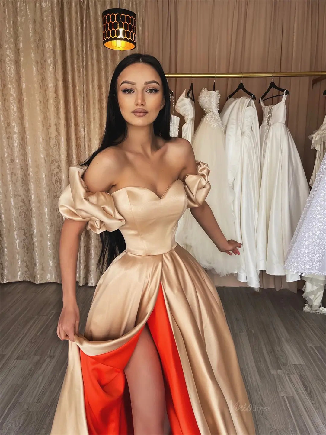 prom dresses 2025-to impress Champagne and Orange Satin Prom Dresses 2025 Puffed Sleeve Formal Gown with High Slit FD5257-plus size wedding dresses Viniodress-Champagne-Custom Size-