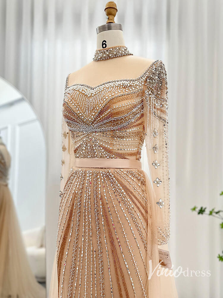 Prom Dress 2025 Champagne Beaded Mermaid Evening Dresses with Overskirt Long Sleeve Pageant Dress AD1168-unique prom dresses-Champagne-US 2-Viniodress